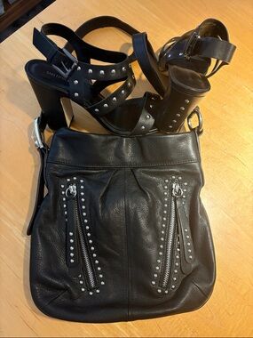 NWOT Saks Fifth Avenue Black Studded Block Heel Sandals & Matching Bag.
